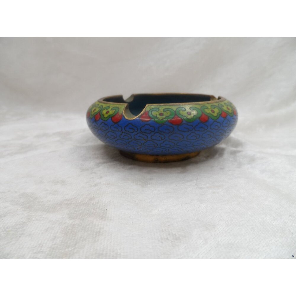 Vintage Chinese Cloisonné Enamel Round Ashtray Blue Floral Trinket Dish 3.5” - Picture 6 of 13